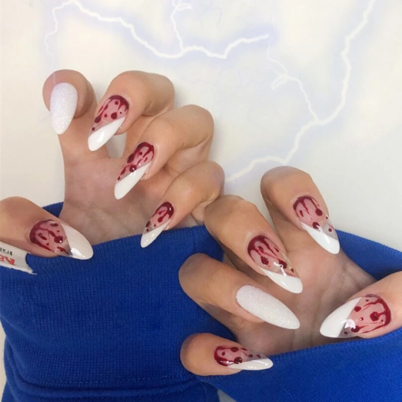 24 pz/set Halloween Press on Nails Set Nero French Nail Copertura Completa Bara Acrilico Unghie Finte Breve Stampa su Punte False Del Chiodo