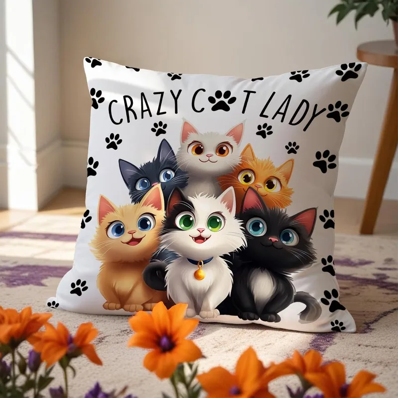 1pc Crazy Cat Lady Cat Paw Print Throw Pillow Cover,Suitable for Sofa,Bedroom,Living Room,A Fun Gift for Cat Lovers