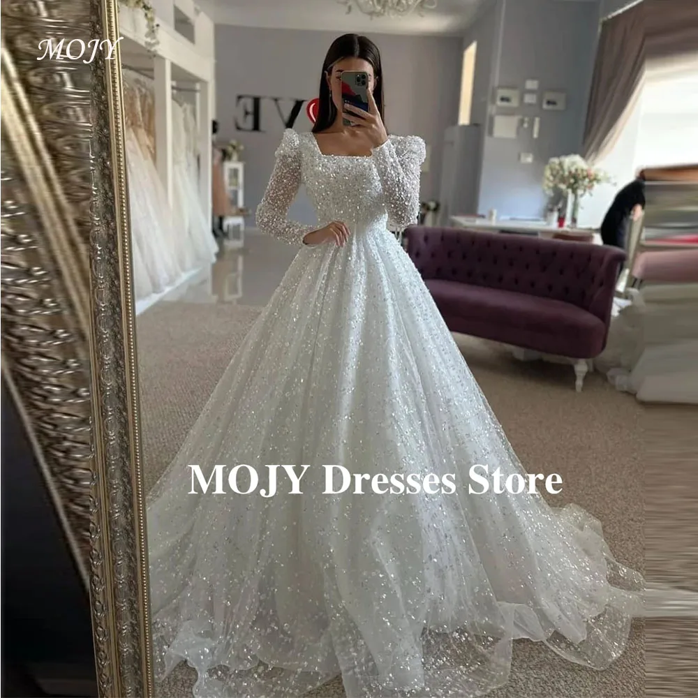 Mojy Роскошное свадебное платье цвета слоновой кости с блестками и бисером, с квадратным вырезом и длинными рукавами, свадебное платье трапециевидной формы, торжественное платье невесты