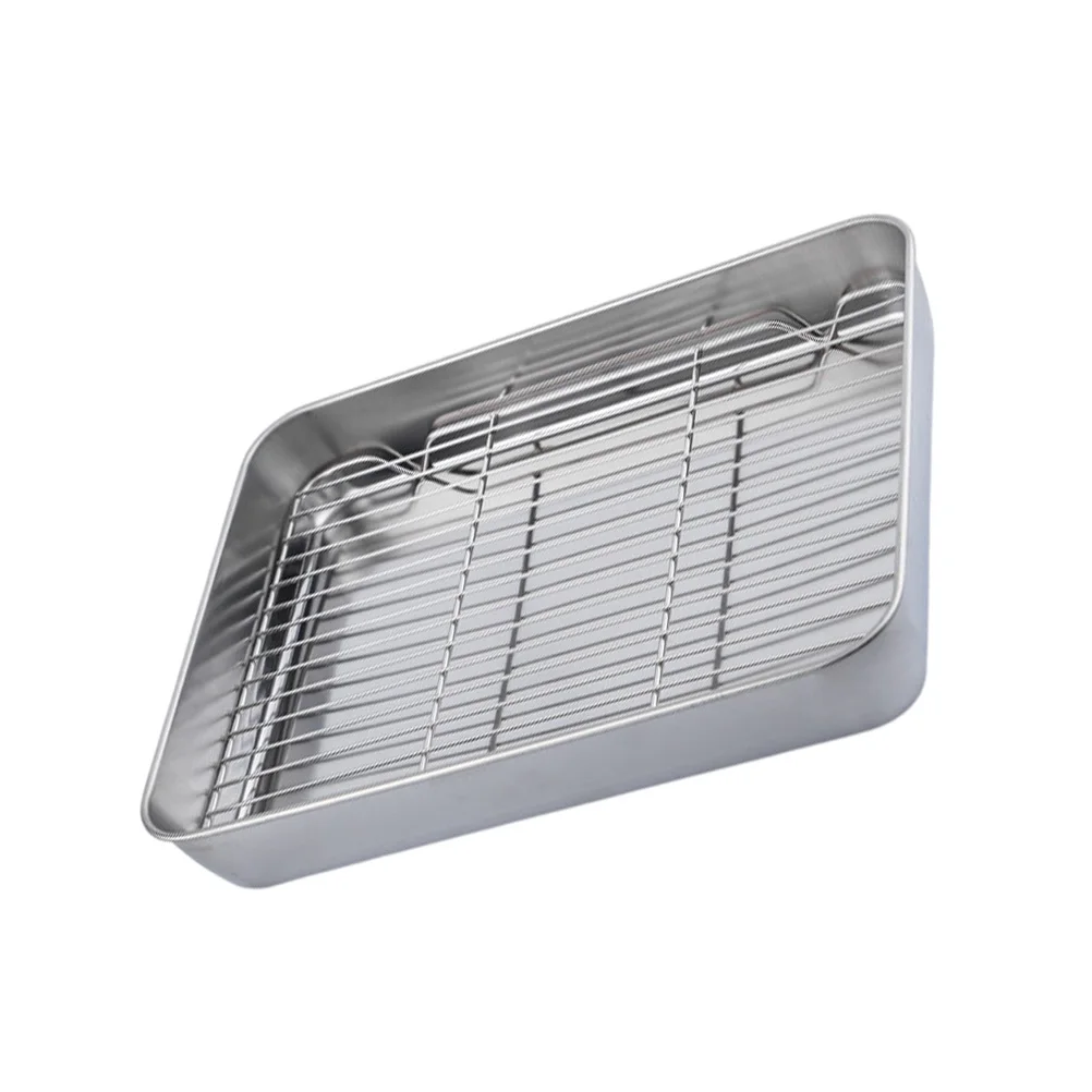 

Stainless Steel Baking Pan Flat Bottom Tray Rectangular Rack Set Roasting Net BBQ Large Volume Easy Clean Dishwasher Safe Food