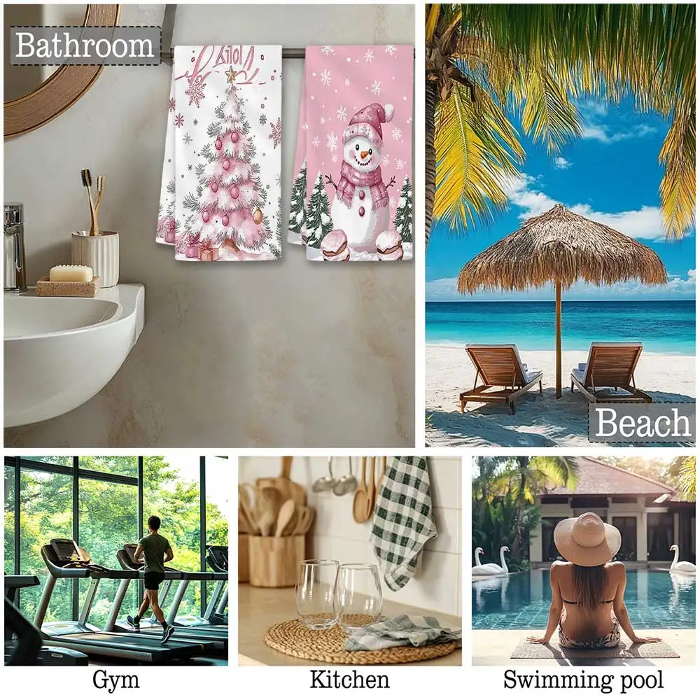 Jit 2pcs Christmas Pink Tree Snowman Pattern Dish Towels For Xmas Fans Kitchen Holiday Decor