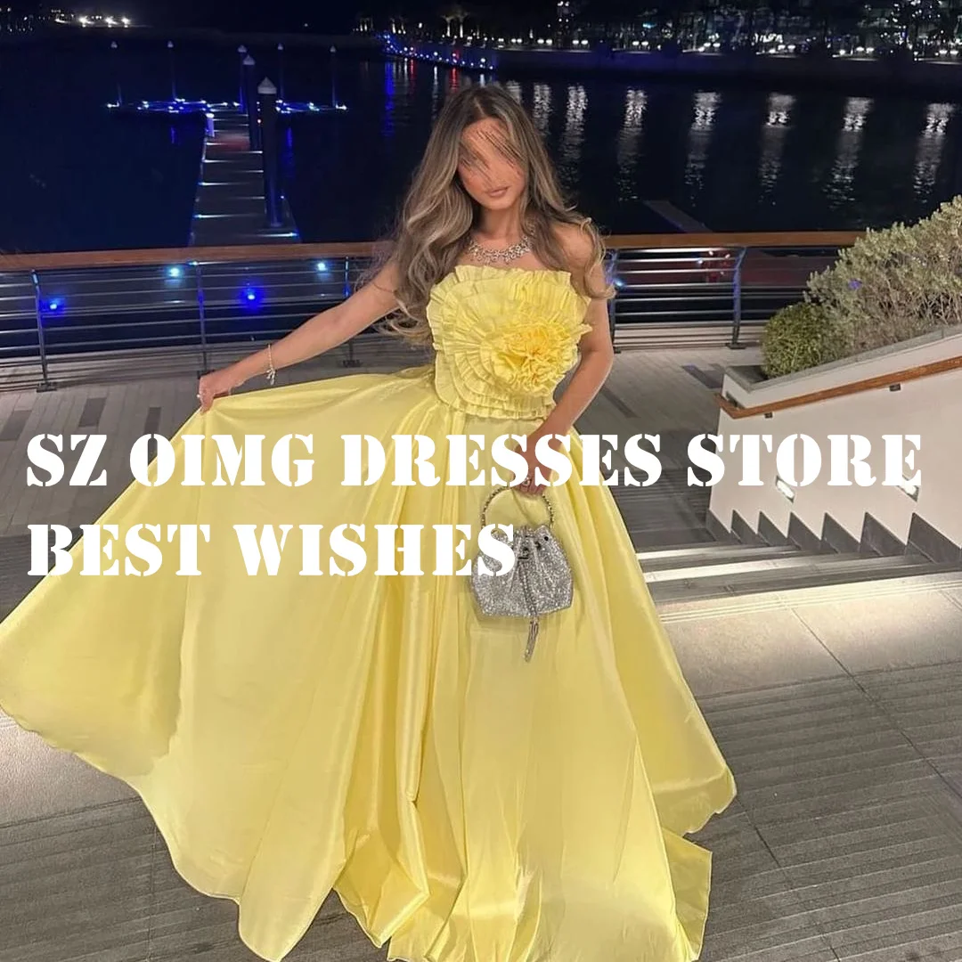 

OIMG Prom Dresse Arabic Sleeveless Ruched Yellow Strapless Floor Length A-Line Flowers Women Evening Gowns Formal Party Dress