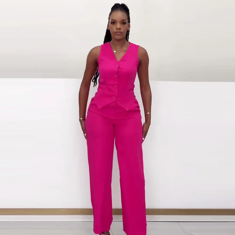 

In Stock African Women's Wear New Fashion Sleeveless Vest Wide Leg Trousers Two-Piece Set Women's European and American Elegant