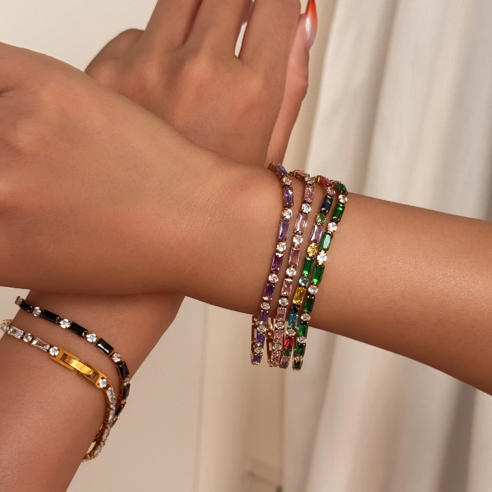 DASEIN New Vintage Blingbling Iced Out Colorful Tennis Zircon Hinge Bracelet INS Trendy Stainless Steel Dainty Lady Jewelry Gift
