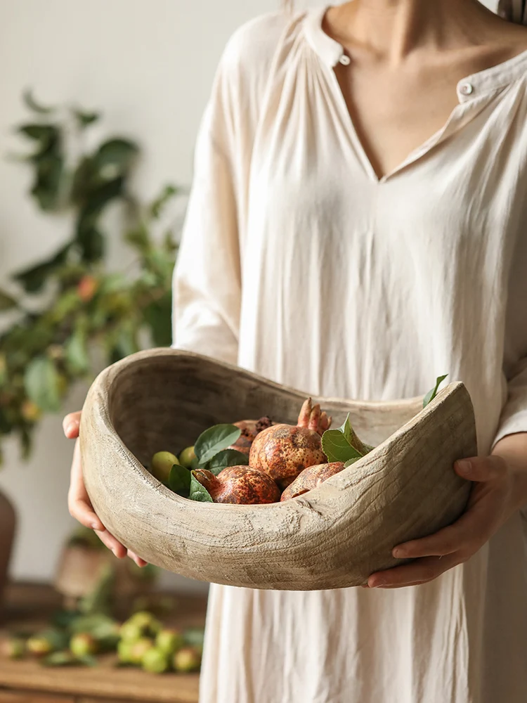 Wooden boat-shaped fruit bowl with ornaments solid wood paulownia wooden homestay style coffee table decorations snack plate