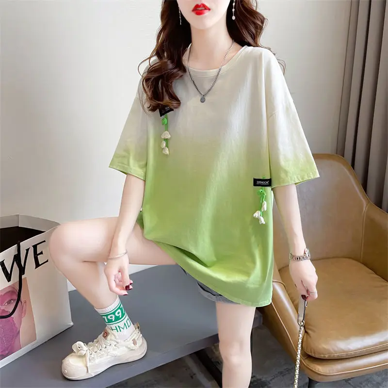 

2023 Summer Korean Version Loose Casual Oversize Belly Covering Mid Length Heavy Duty Tie Dyed Round Neck Short Sleeved T-shirt