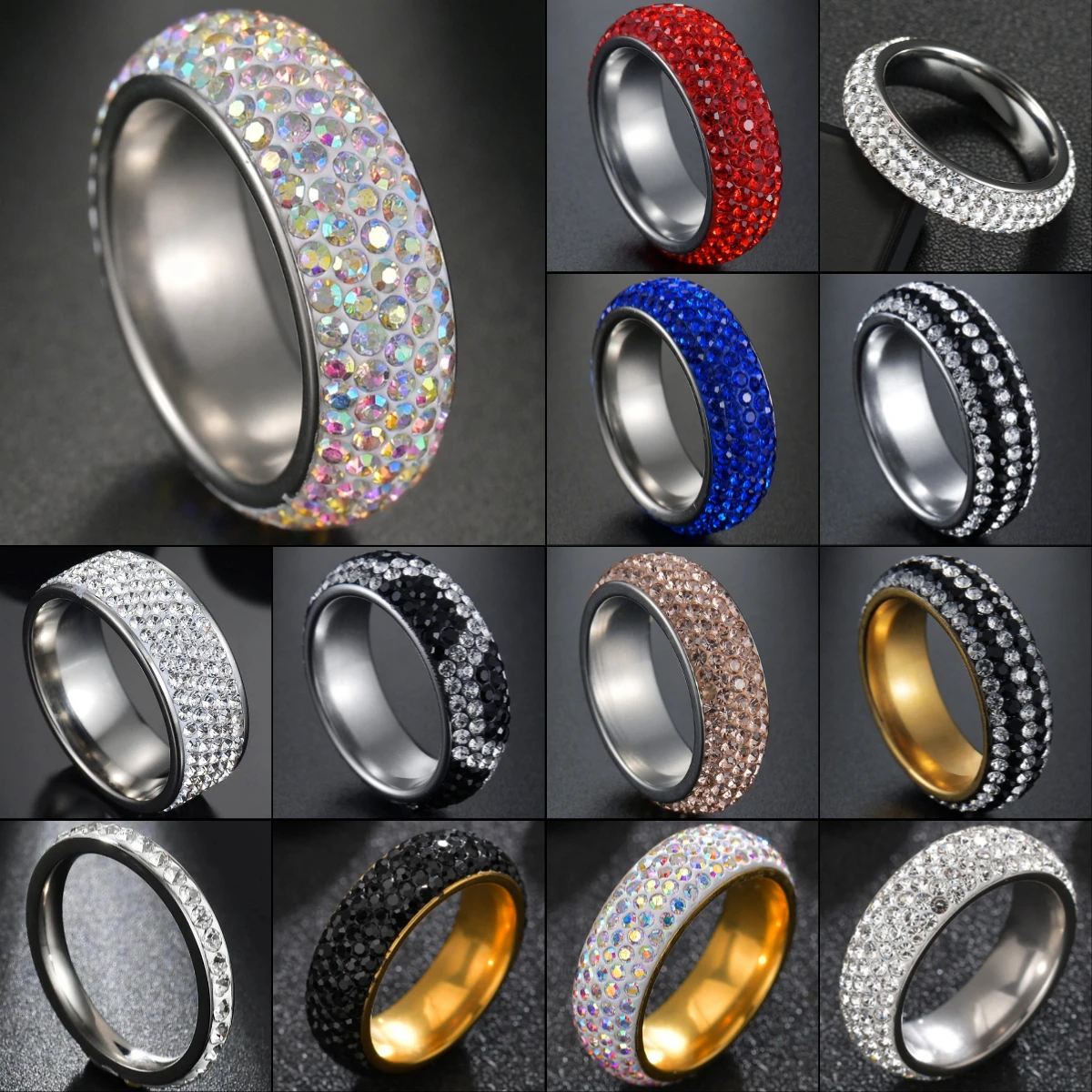 New Arrival High Quality Unique Allergy Free Silvery 5 Row Lines Ring Rainbow Color Crystal 1PC Rhinestone Stainless Steel Rings