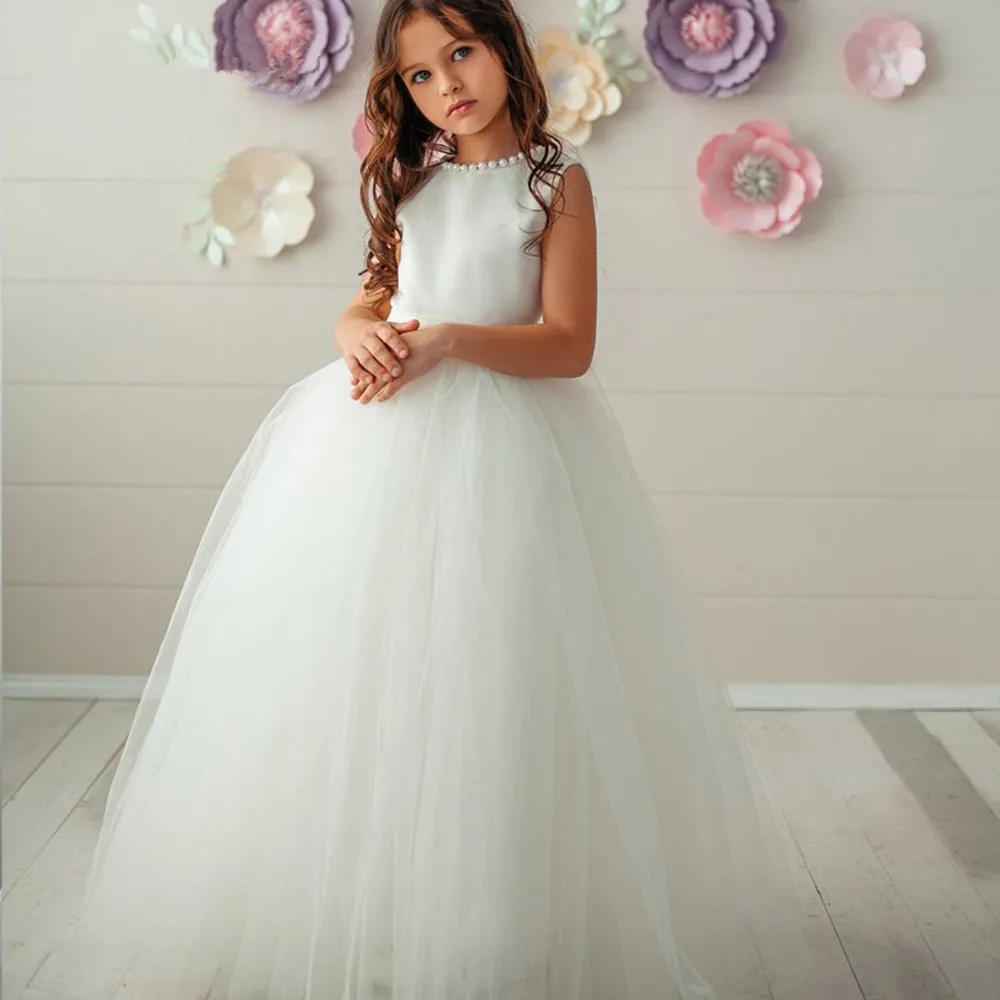 Backless Pearls Flower Girl Dress Trailer Puffy Wedding Party Gowns for Girl abiti da prima comunione eucarication assisted Princess