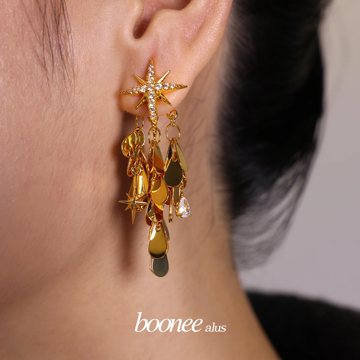 Boonee alus original design octagram zircon shining star two-wear fringed earrings exaggerated earrings