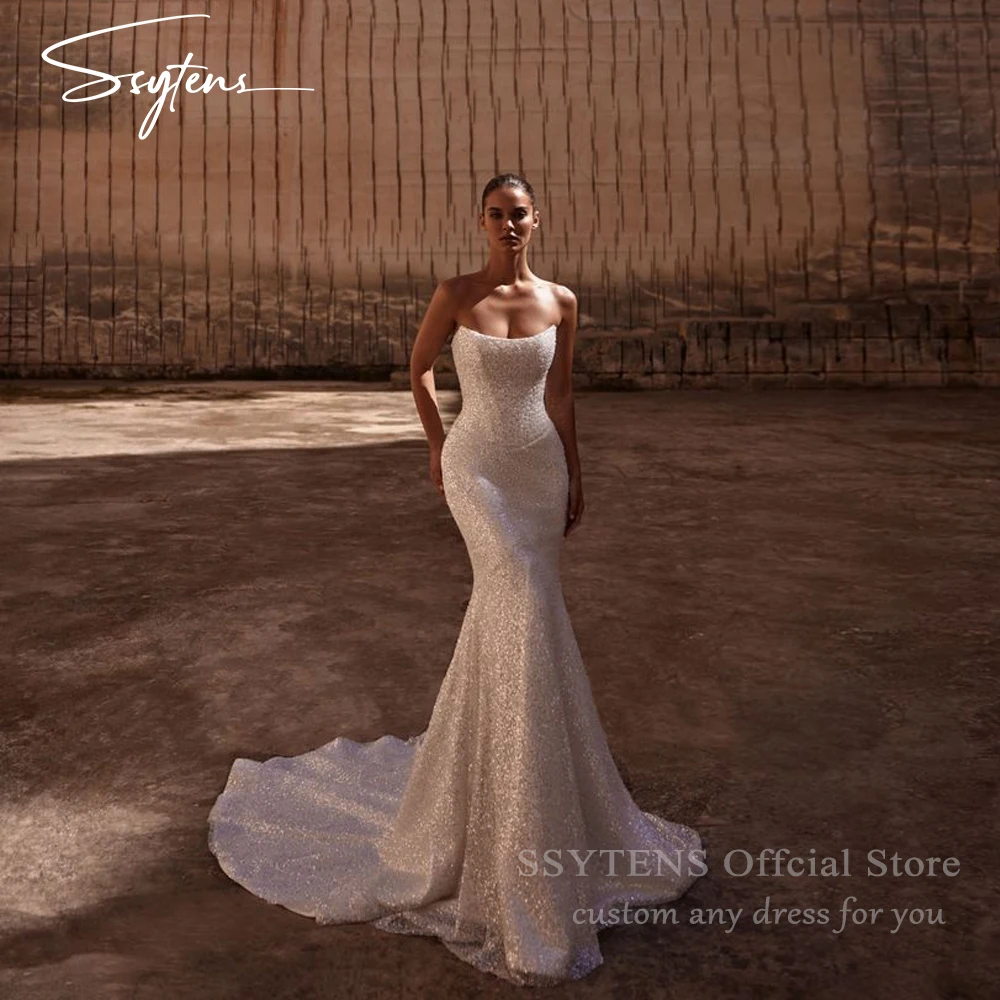 

SSYTENS Luxury Wedding Dresses Mermaid Shiny Sequins Sleeveless Bride Gowns Vestido De Noiva Customized Bridal Evening Dresses