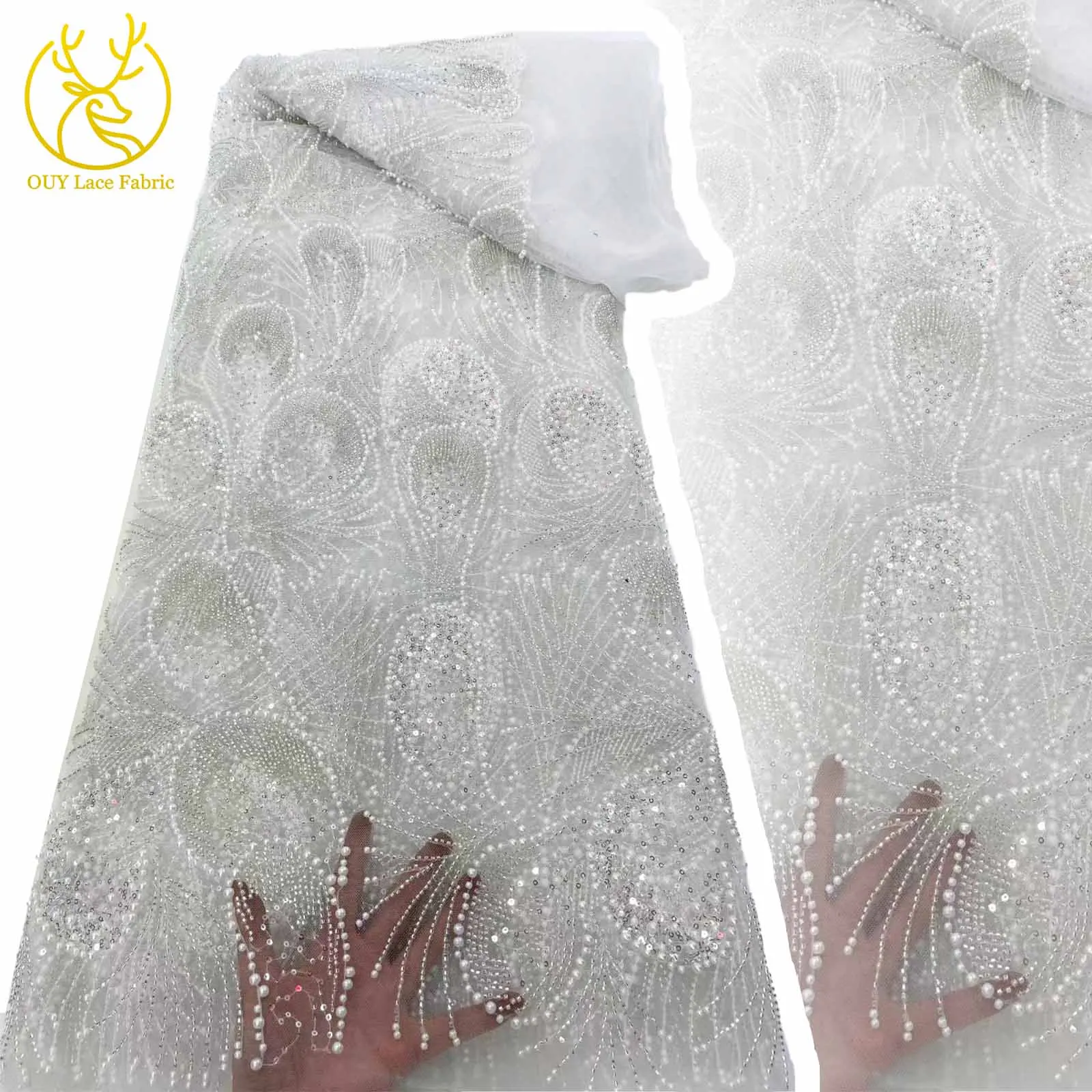 

White Wedding Sequins Beaded Embroidery Lace Fabric 2025 Elegant French Nigerian Bridal Mesh Tulle Lace Fabric Party Dresses