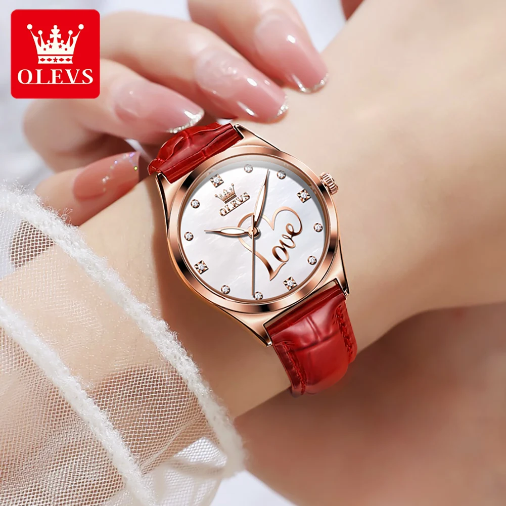 OLEVS 5580 Heart Shape Fashion Quartz Watch For Women Original Elegant Leather Wristwatch Waterproof Luminous Ladies Watches