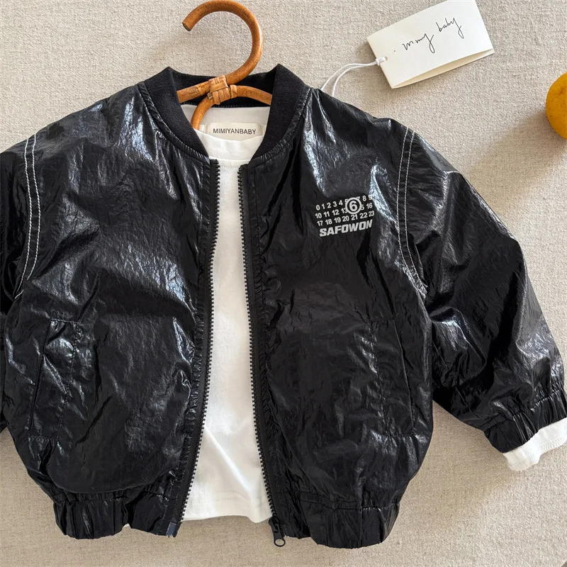 Children Coat 2026 Autumn New Boys and Girls Bright Leather Printed Coat Baby Short Zipper Jacket Trendy