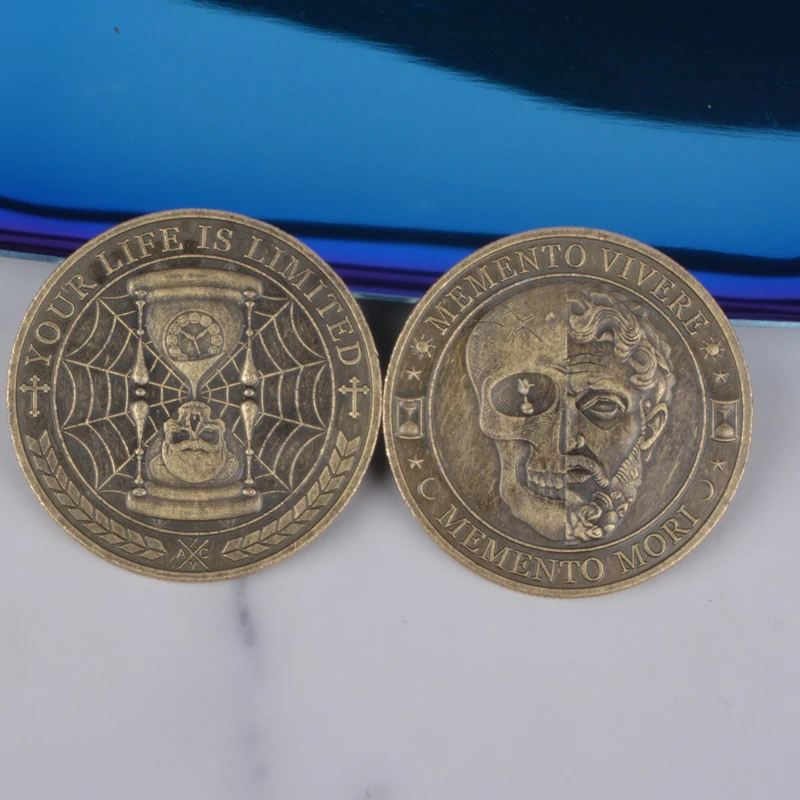 حياتك محدودة TEMPUS FUGIT MeMeNto Mori عملة معدنية عتيقة على شكل جمجمة تذكير تحمل عملات الرواقية الملهمة