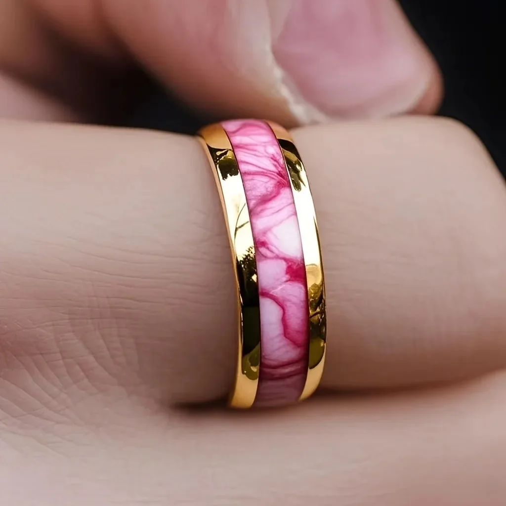 Wholesale Wedding Engagement Fashion Pink Abalone Shell Men's Ring Unique Gold Color Stainless Steel Rings Women Party Ring - view 5