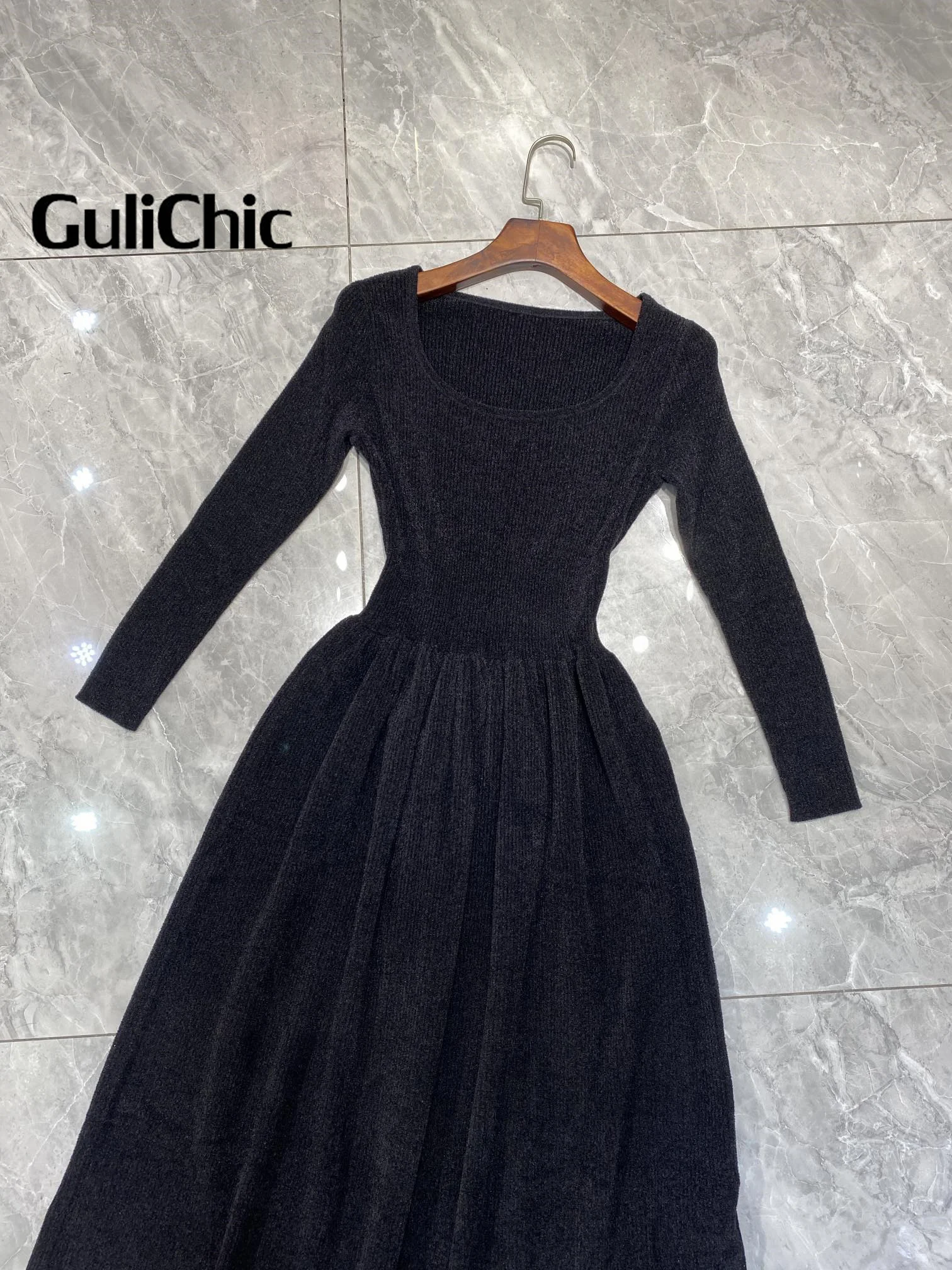 10.16 GuliChic Simple Fashion Temperament Square Collar Long Sleeve High Waist Slim Corduroy Midi Dress Women