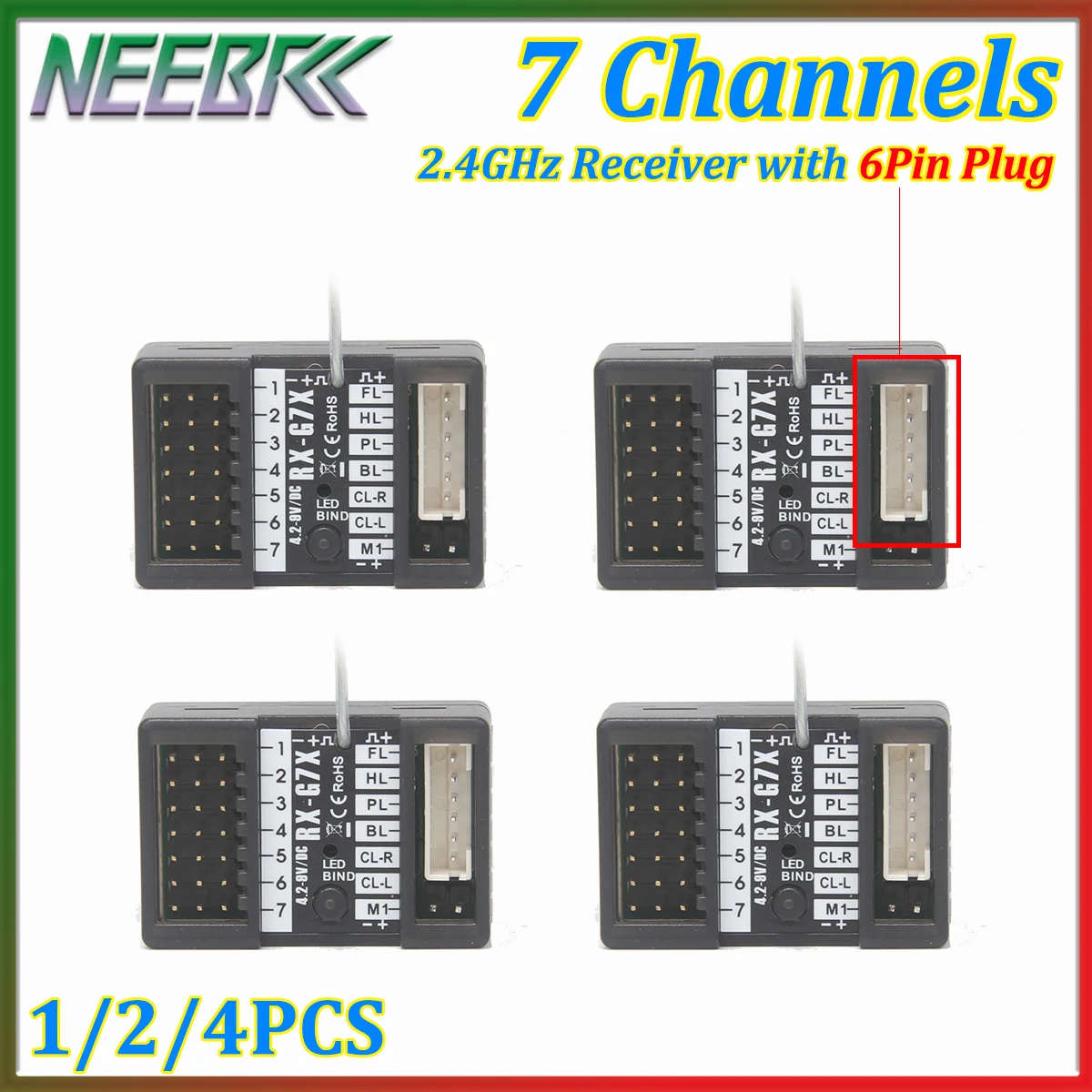 1/2/4 Stück NEEBRC 7CH 2,4GHz Empfänger mit 6-Pin-Stecker-Set 4,2-8V/DC für NB-7D Sender Fernbedienung RC Auto Boot LKW Modell