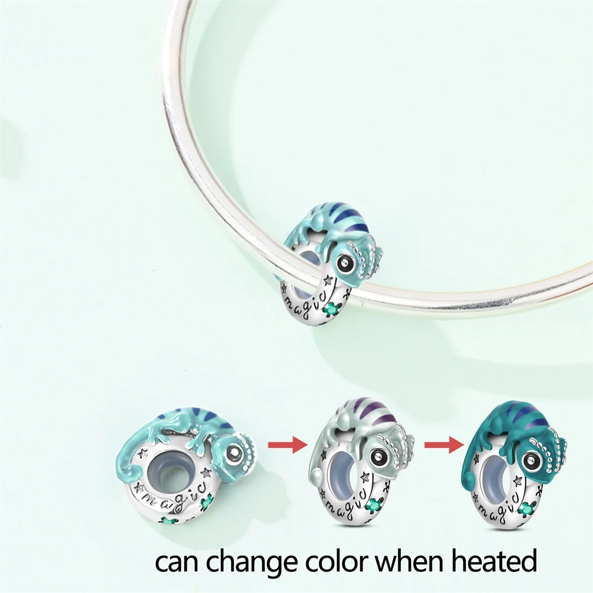 

Бусина-шарм из стерлингового серебра 925 пробы, меняющая цвет при нагревании, дизайн «Хамелеон», для браслетов, ювелирный подарок для женщин