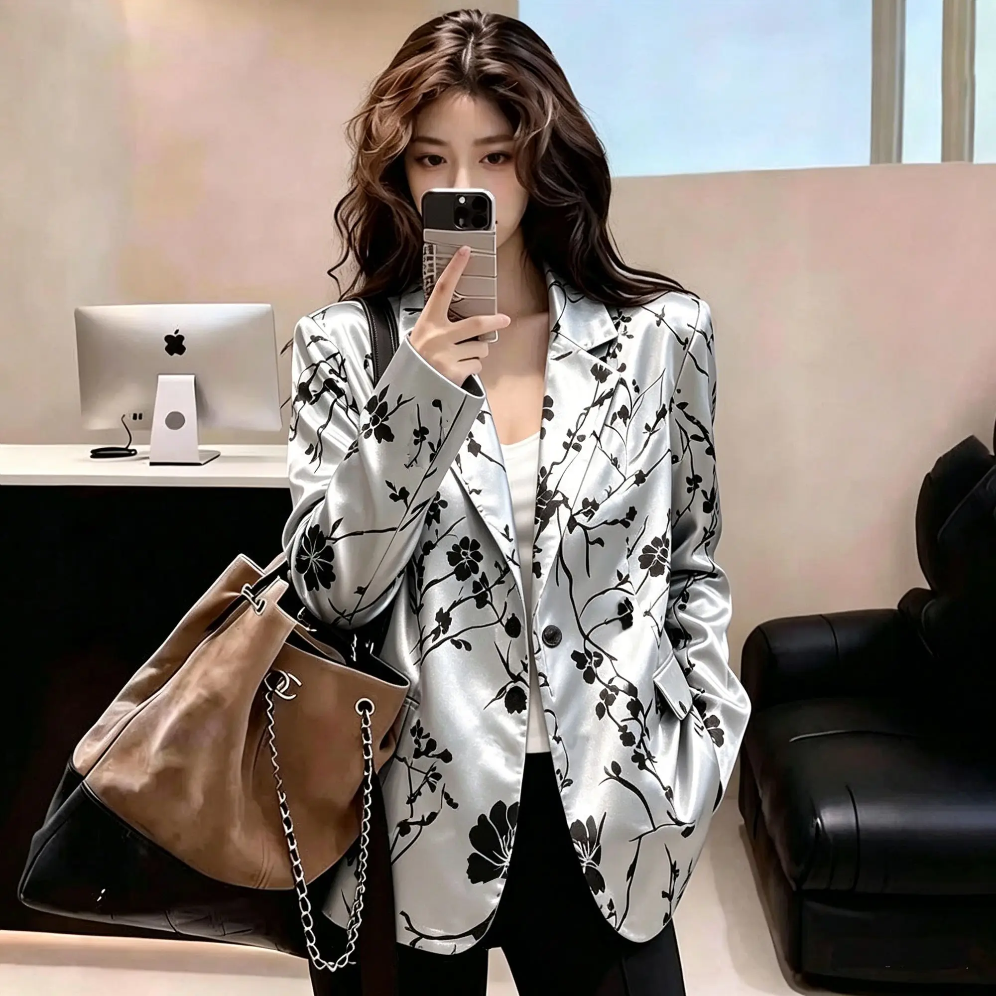 Aesthetic Satin Blazer Jacket Lightweight Thin Floral Print Notched Lapel Single Button Long Sleeve Casual Office Outerwear Coat