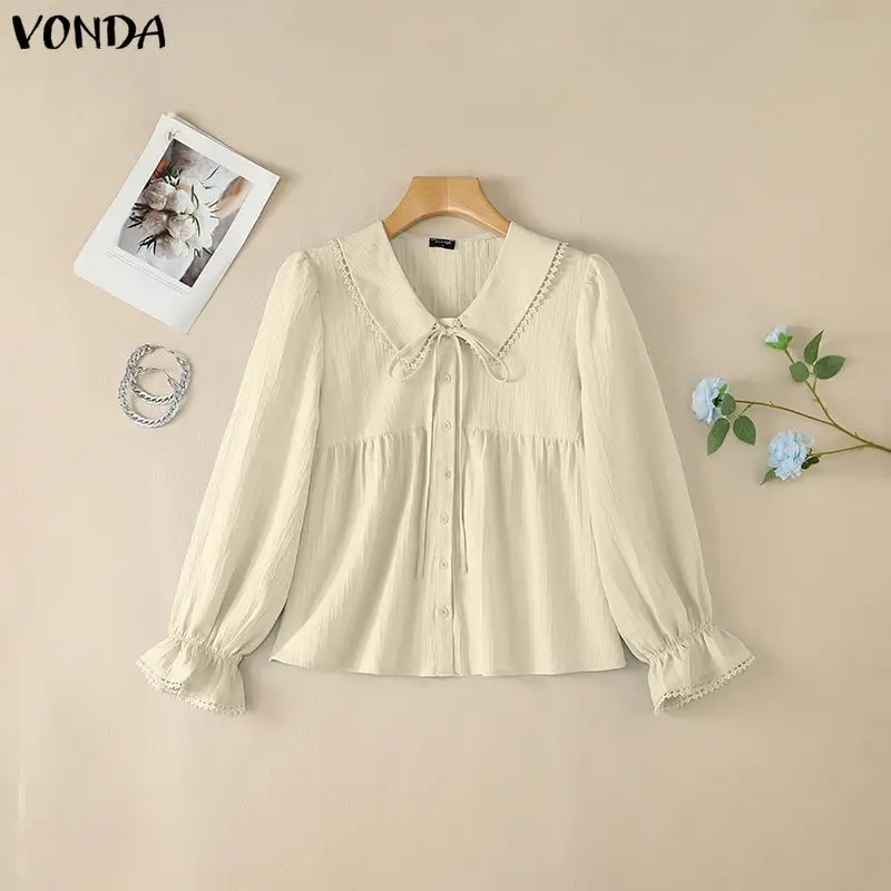 VONDA Women Solid Color Shirts French Vintage Tunics Korean Style Peter Pan Collar Tops Casual Long Lantern Sleeve Bow Shirts