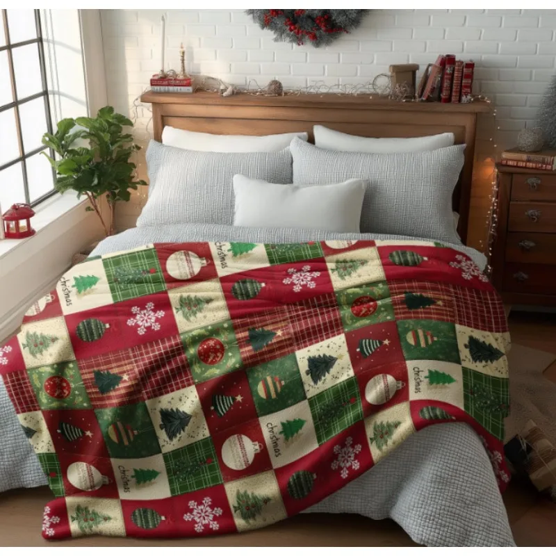 Ornamenti di neve con albero scozzese rosso e verde, morbida coperta accogliente in peluche per divano letto, regalo ideale per bambini, adulti e moglie
