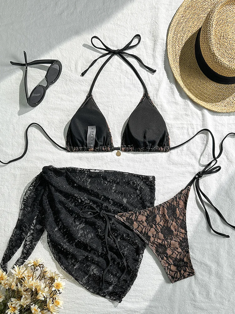 

Женский комплект из трех предметов: купальник, пляжный наряд, бразильское бикини, кружевное сексуальное бикини для бассейна, женские купальники