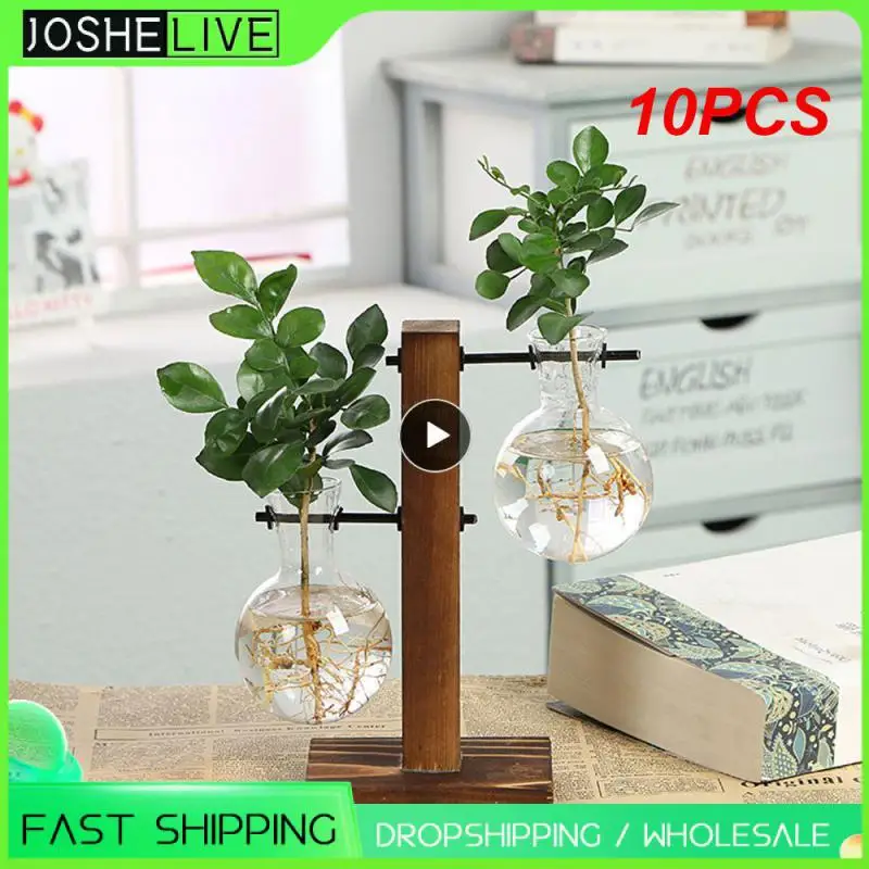 

10PCS Terrarium Hydroponic Plant Vases Vintage Flower Pot Transparent Vase Wooden Frame Glass Tabletop Plants Home Bonsai Decor