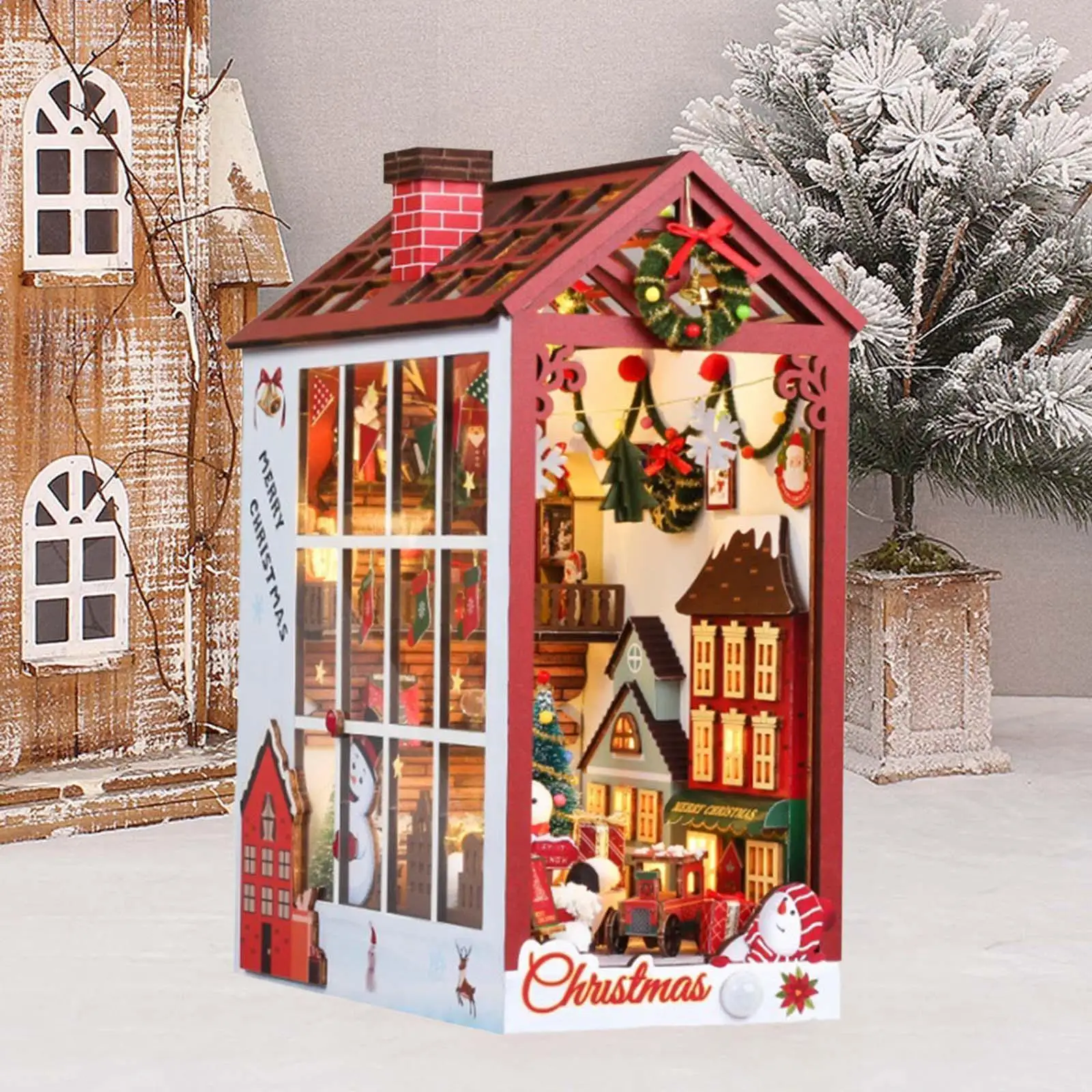 Christmas Dollhouse Bookend DIY Puzzle Scenes Ornament for Mantelpiece Decor