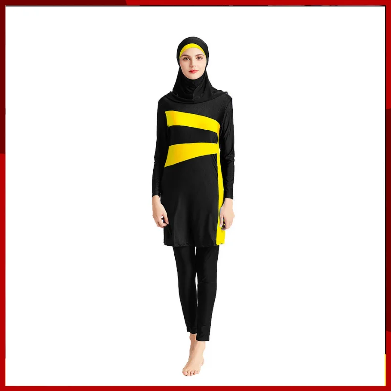 Slim Fitting Solid Color Digital Printed Polyester Muslim Swimsuit Middle East Quick Drying Conservative Beach Surfing Suit