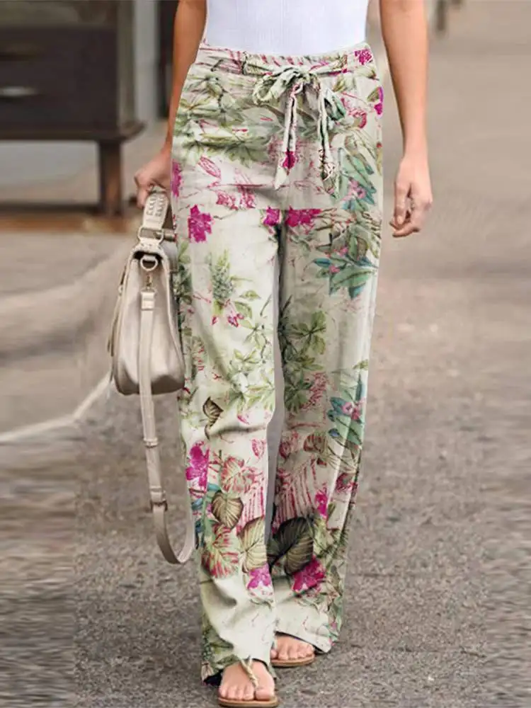 ZANZEA Summer Bohemian Floral Printed Trousers Women Casual Loose Harem Pants Vintage Elastic Waist Long Palazzo Oversize Pants