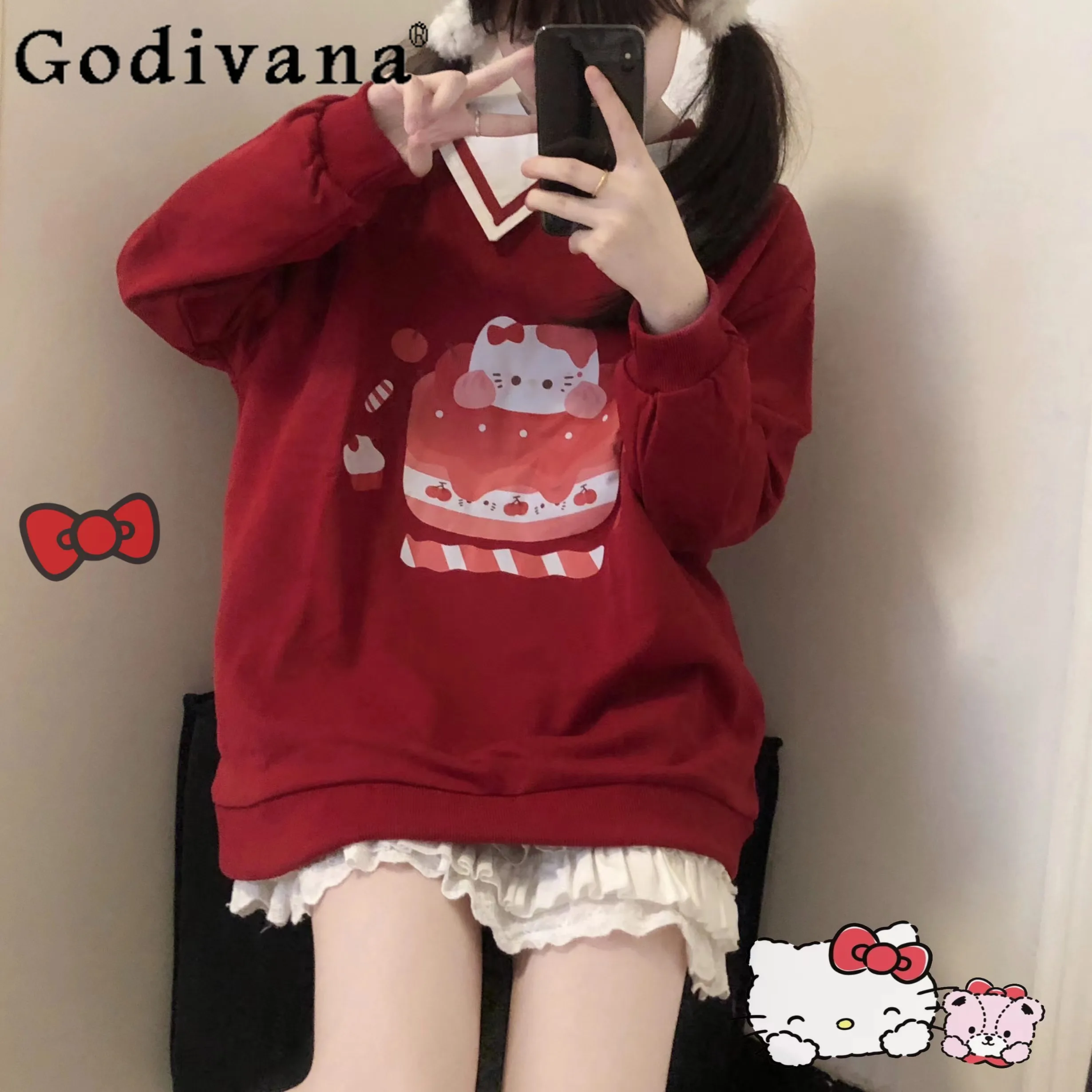 

Japanese Girl Sweet Y2k Red Hoodies Women Autumn Fashion Loose Large Size Casual Sweatshirts College Kawaii Student Pullover