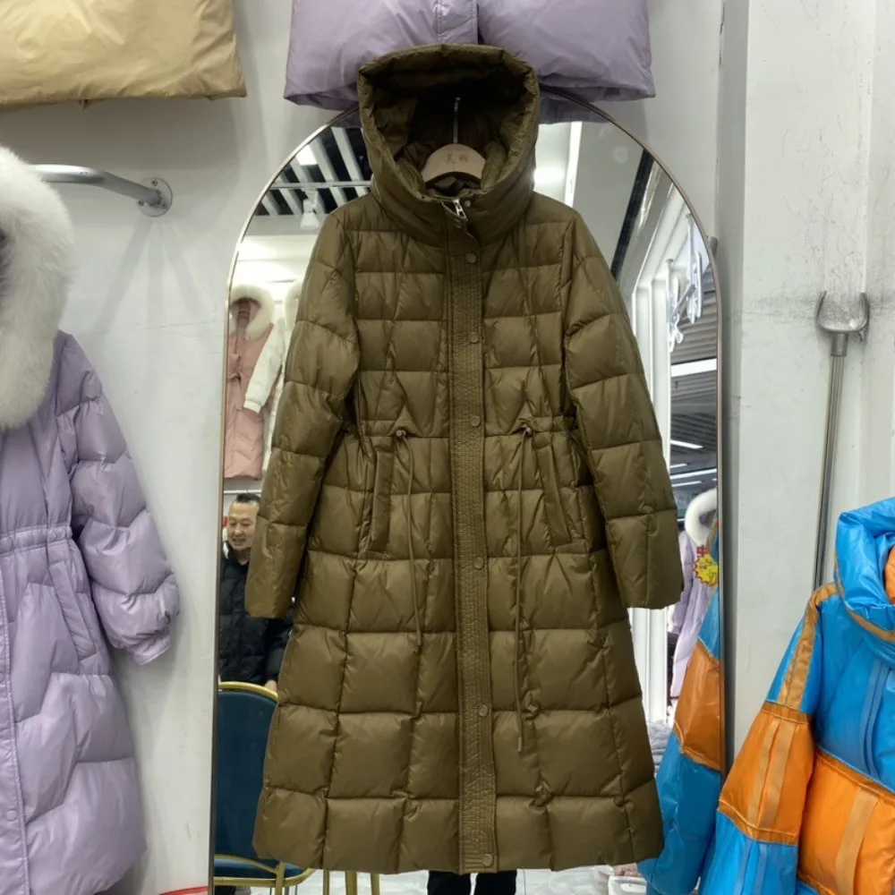 Women Warm Down Jacket 2024 Winter Pocket Long Hooded Parkas Female Plus Size Slim Puffer Overcoat Long White Duck Down Coat