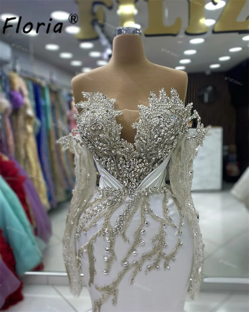 Lindo Dubai manga comprida vestido de casamento, trem destacável, 3D Crystal Applique, sereia, vestidos para ocasiões formais, festa de noivado