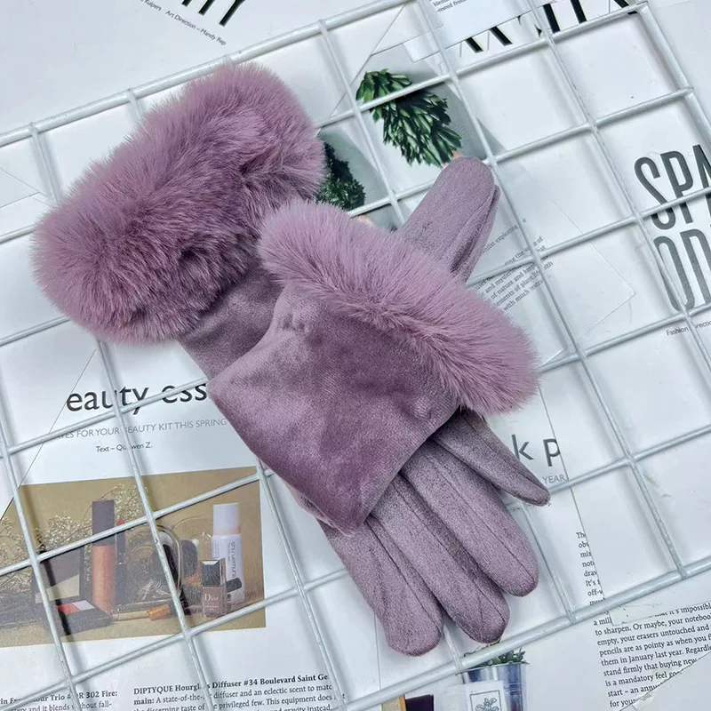 Autumn Winter Women Cute Furry Warm Full Finger Mittens Female Outdoor Cycling Lady Thick Faux Fur Fashion Touch Screen Gloves