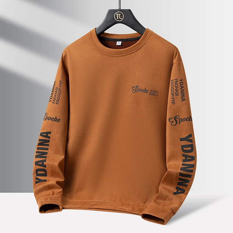 Autumn Suede Sweatshirt Men's Trendy Streetwear Crewneck Long-sleeved Letter Print Warm Pullover Tops Casual Loose Hoodies men