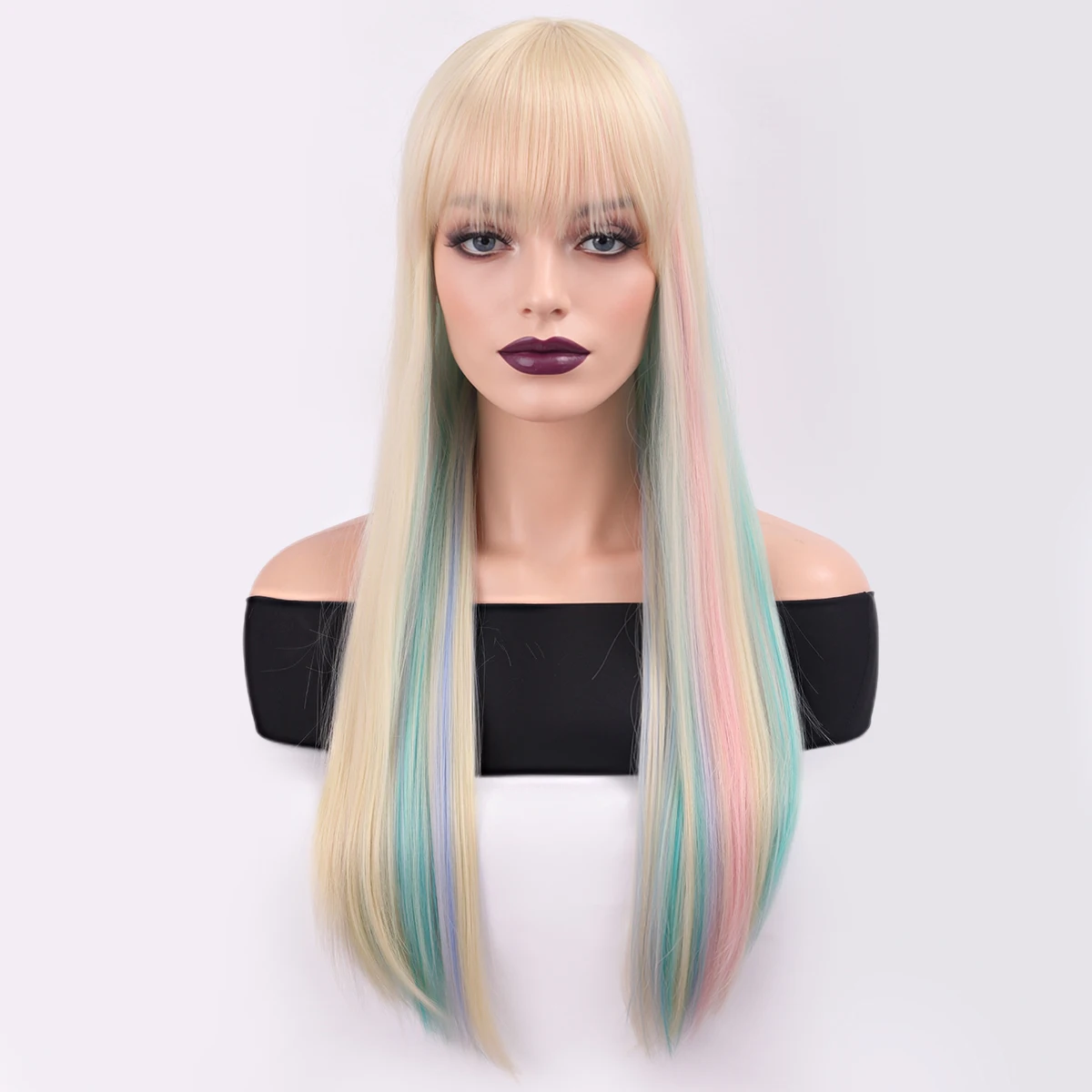 Cross Border European and American Wig Women's Bangs Long Straight White Gold Color Highlight Dyeing-Synthetic Fiber Wig