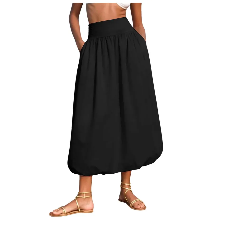 Women's Balloon Long Skirts Elegant High Waist Flowy A-Line Skirt Korean Fashion Ladies Bud Skirts With Pockets Streetwear