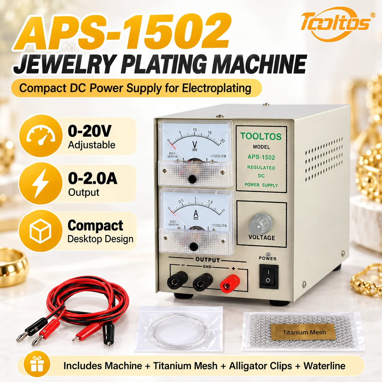 TOOLTOS 20V 2A Jewelry Gold Plating Machine Adjustable DC SCR Electroplating Rectifier for Gold Silver Copper 110V 220V