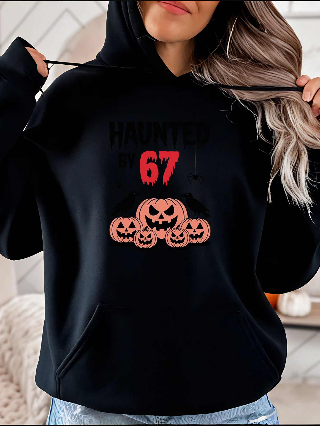 

Halloween Hoodie Haunted by 67 Pumpkin Print Women's Casual Sweatshirt Autumn Winter Outfit for Girls