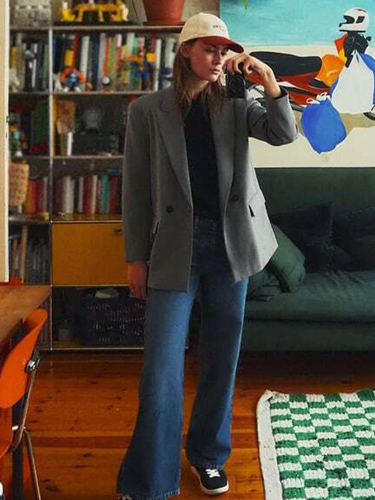 FSMG Casual Suit Lapel Long sleeves Loose Coat For Women Fashion Leisure Double Breasted Straight Blazer New Office Jackets Lady