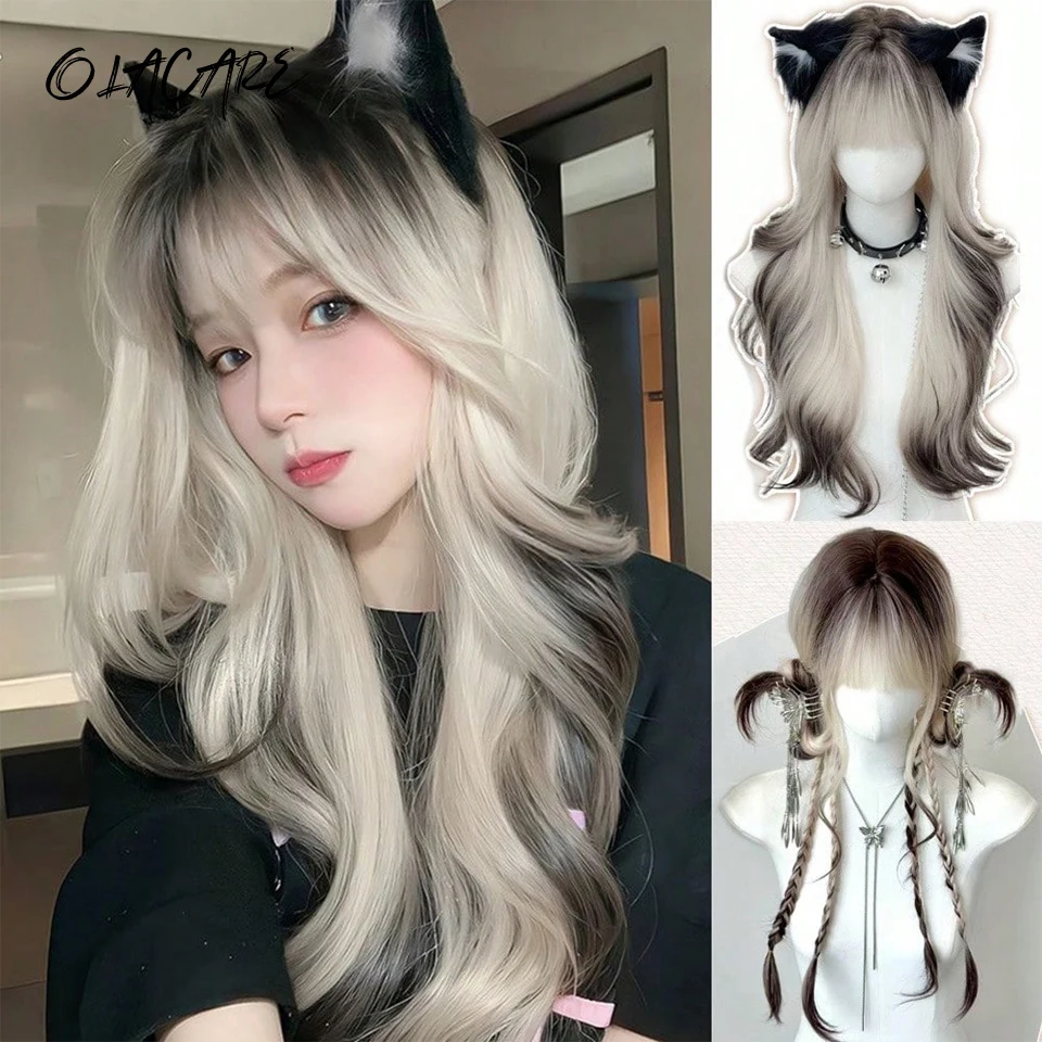 

LM Long Curly Wavy Synthetic Brown Black Grey Omber Wigs with Bangs Cosplay Hairs Wig for Women Daily Natural Heat Resistant