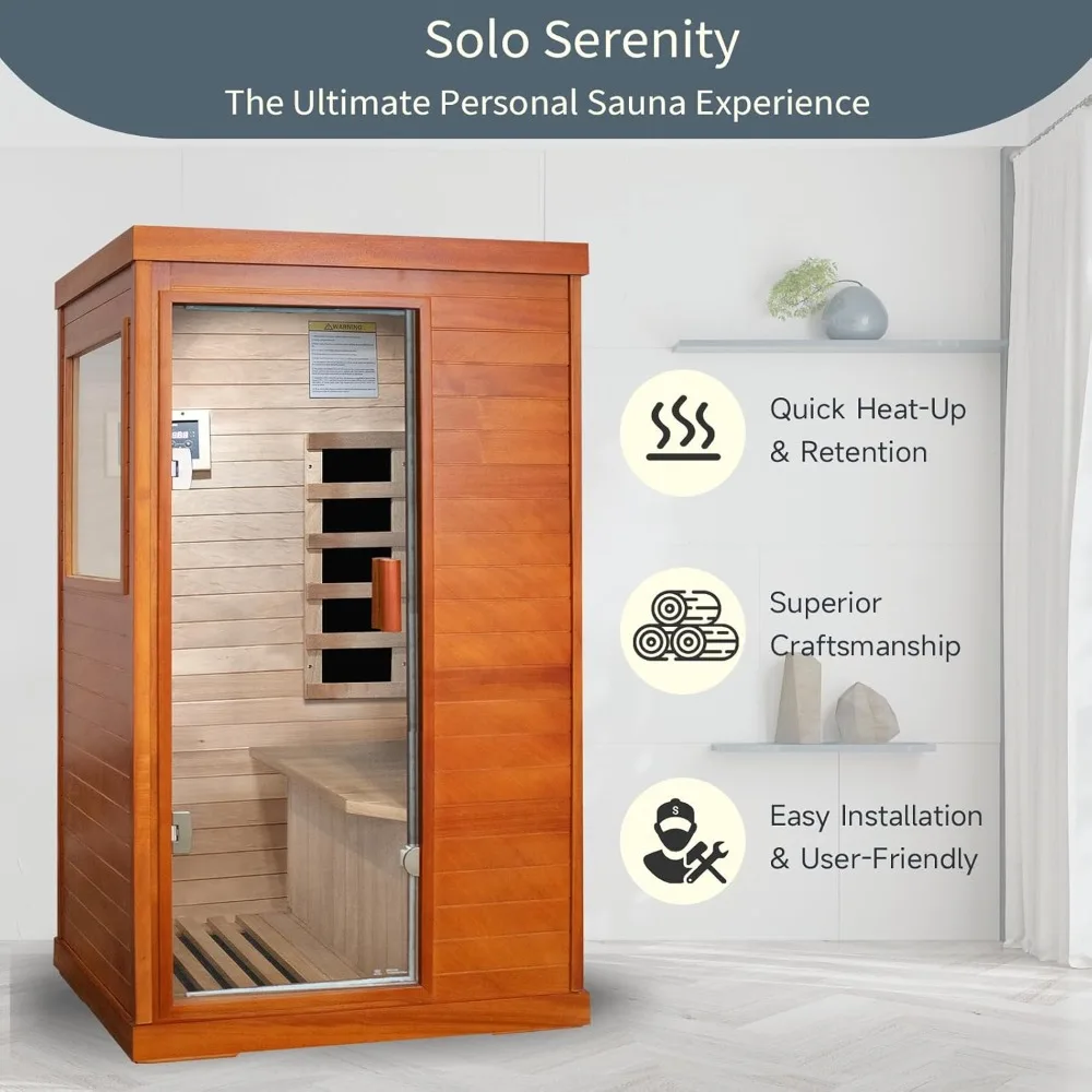 Far Infrared Saunas for Home One Person Wood Sauna, Low Emf Dry Sauna with Tempered Glass Door/Speakers, Sauna