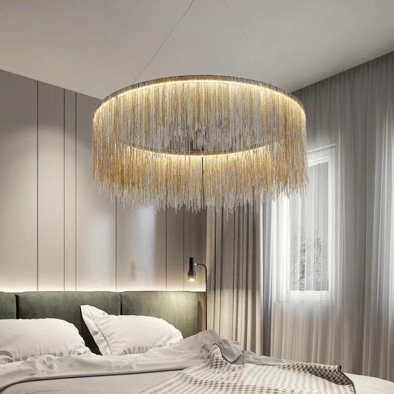 Modern Luxury Tassel Chain Round Led Chandelier Nordic Design Stainless Steel Gold Silver Single Ring Round Dining Chandelier