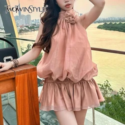 TWOTWINSTYLE Solid Elegant Dress For Women Stand Collar Sleeveless High Waist Patchwork Appliques Chic Dresses Female Fashion