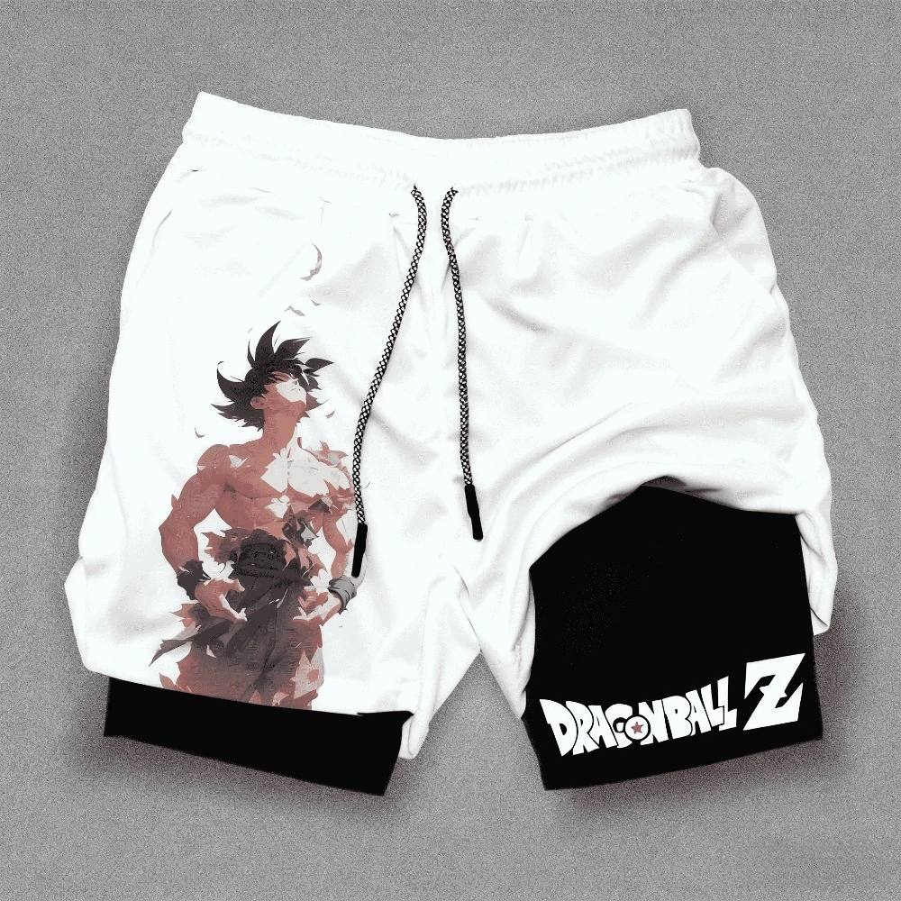 لعبة دراغون بول أنيمي مطبوعة طبقة مزدوجة السراويل 2025 الصيف الرجال جديد ضيق اللياقة البدنية التجفيف السريع تنفس 2 في 1 السراويل الرياضية