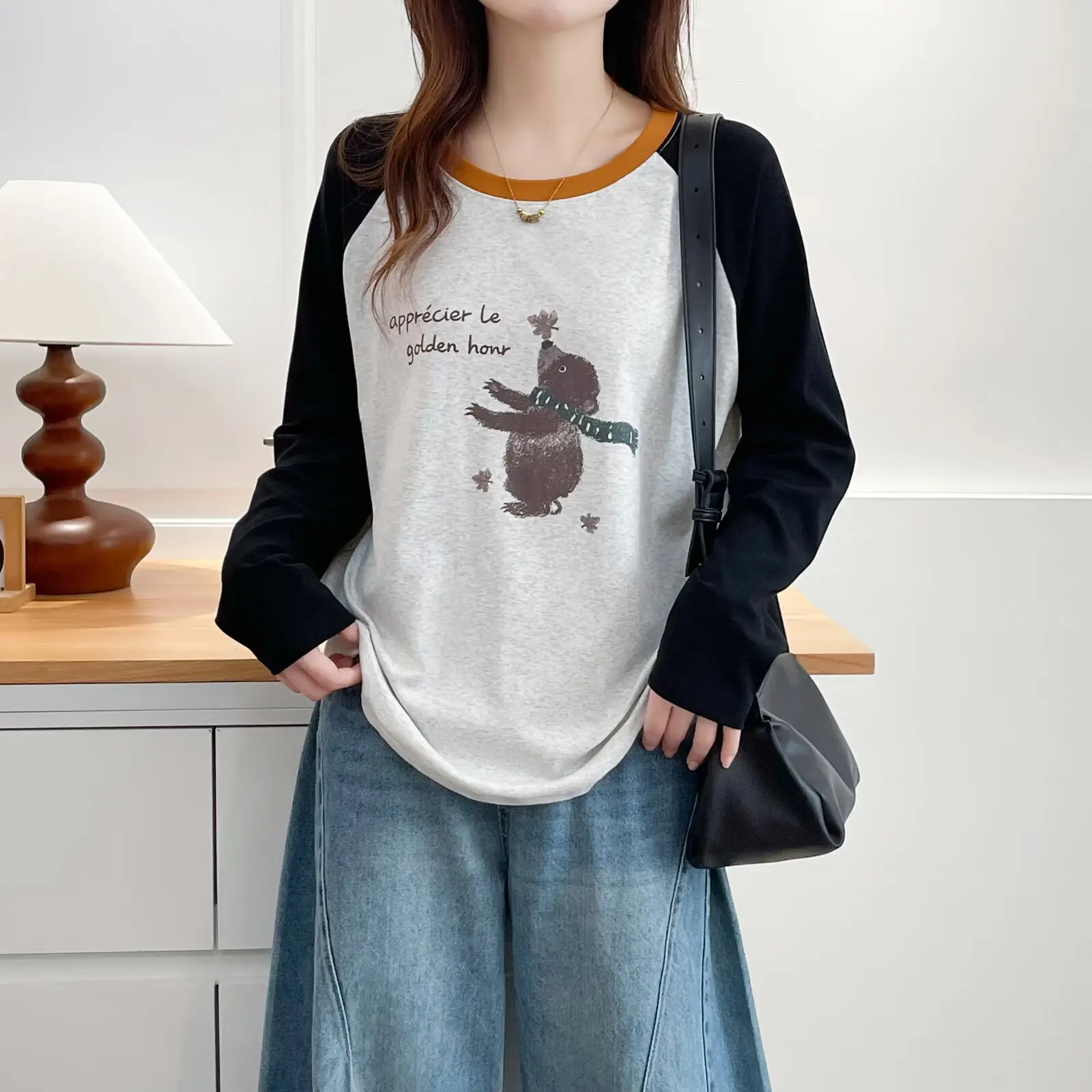 

XXXXL модная женская футболка больших размеров, новый осенний стиль, простые и повседневные топы с длинными рукавами и цветными блоками, с мультяшным принтом, 7037