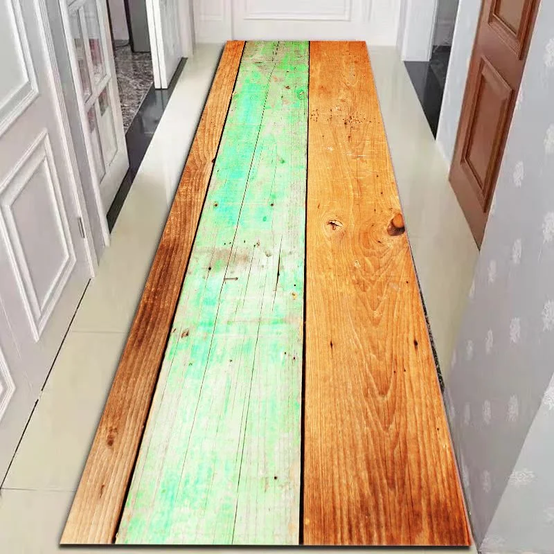 VIKAMA Distressed Green Orange Wood Plank Runner Rug, Weathered Wooden Board Long Hallway Mat Non Slip Washable Entryway Carpet - view 2