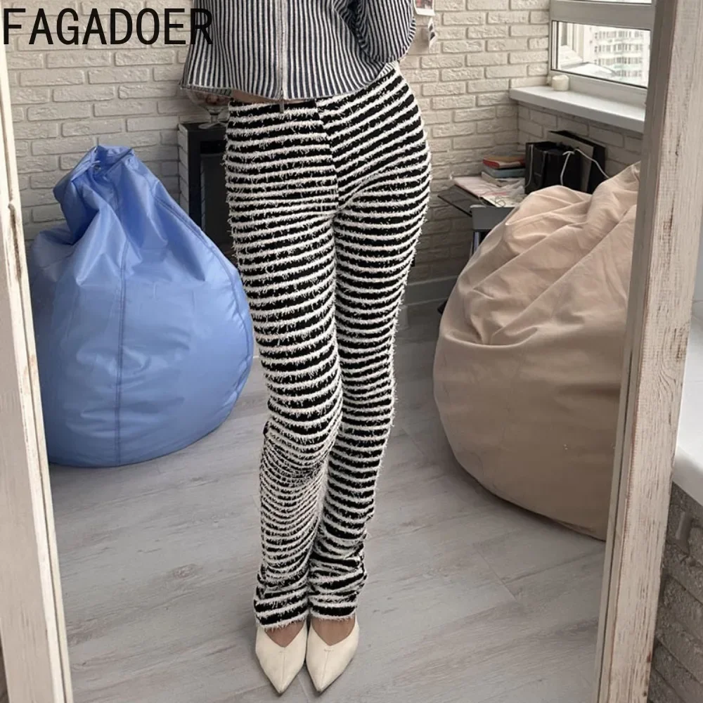 FAGADOER Y2K موضة كتلة الألوان المشارب السراويل النساء محبوك مكدسة بنطلون سليم نحيل مضيئة السراويل الإناث الشارع الشهير قيعان