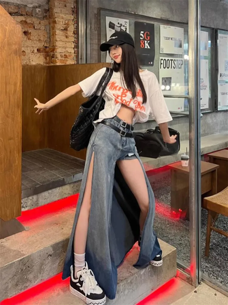 

2024 Korean Fashion Irregularity Split Denim Skirts Women Spring Summer A-line Jeans Skirts Contrast Color Skirt Female Jupe