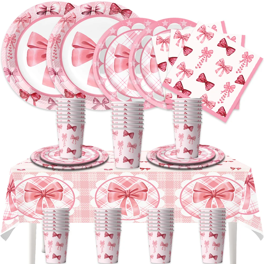 Pink Coquette Bow Disposable Tableware Set Paper Plates Cups Napkins Tablecloth Girls Birthday Baby Shower Party Supplies